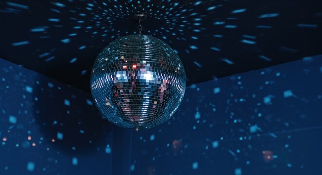 A disco ball hangs from the ceiling casting patterned lights - Powered by Adobe