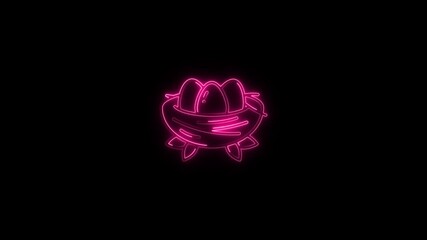 Neon pink bird nest with three eggs glowing on black background abstract symbol concept of new beginnings growth and