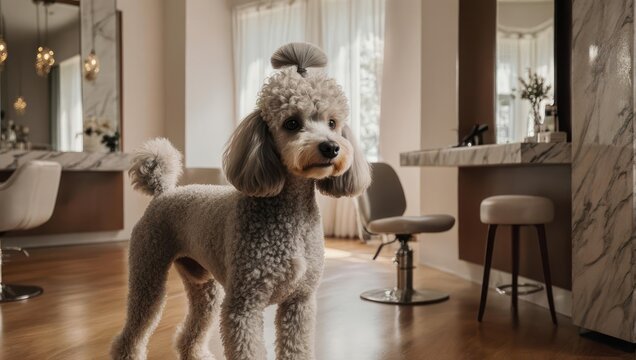 A Poodle Dog in a Grooming Salon.