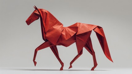 Side profile of a red origami horse on an isolated gray background. Japanese paper folding art and craft. Handmade animal sculpture with copy space