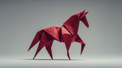Red origami horse standing in a side profile against a plain gradient background, crafted with sharp angular folds and precise creases, showcasing elegant posture and dynamic motion