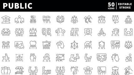 Public vector icons in line style. Public, society, community related icons. Public outline icons.