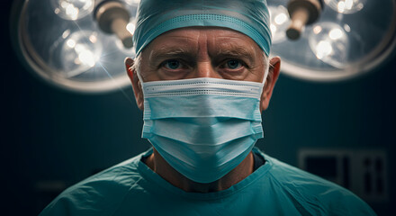 elderly surgeon doctor wearing surgical mask and cap, looking confidently at camera in an operating room, illuminated by bright surgical lights, showcasing professionalism and dedication to healthcare