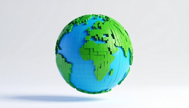 A 3D concept illustration of the blue and green Earth globe, symbolizing global business and geography, centered on a clean white background