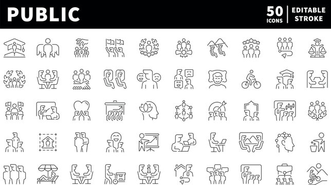 Public vector icons in line style. Public, society, community related icons. Public outline icons.