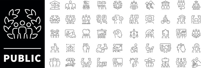 Public, society, community related icons. Public vector icons in line style. Public outline icons.