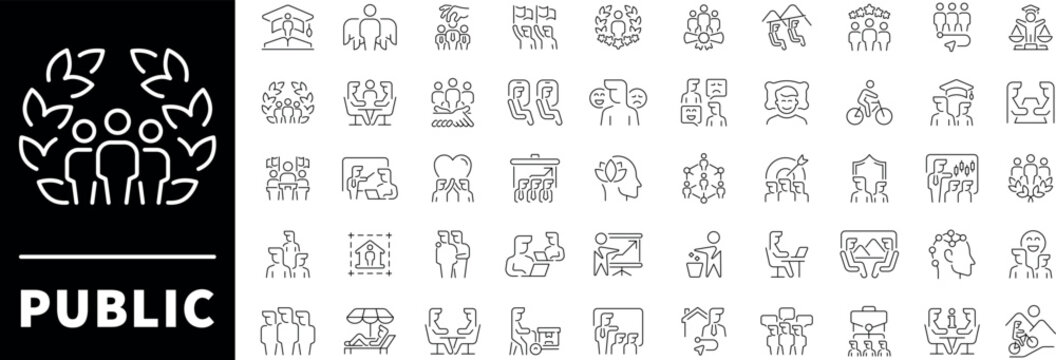  Public, society, community related icons. Public vector icons in line style. Public outline icons.