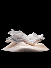 A surreal composition featuring flowing white fabric draped over textured sand dunes against a black background.