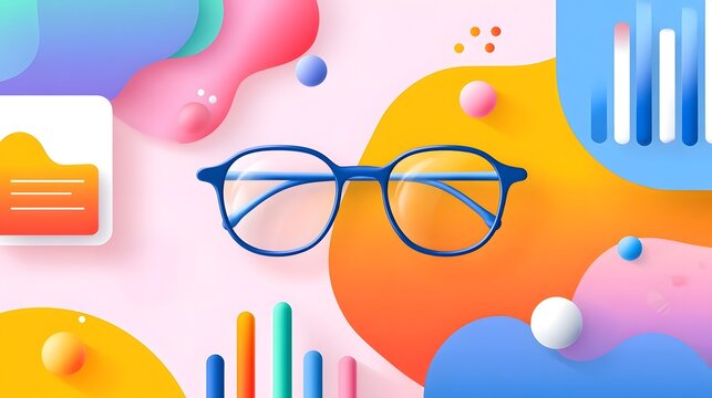 Blue spectacles are placed centrally on a vibrant abstract background featuring flowing organic shapes spheres and data charts symbolizing insight creativity and modern analytical thinking