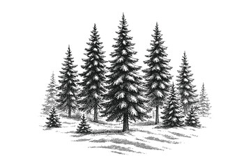 Scenic pine tree forest vector illustration in detailed black-and-white engraving style, ideal for nature themes, outdoor concepts, landscape designs, and vintage-inspired graphic projects.