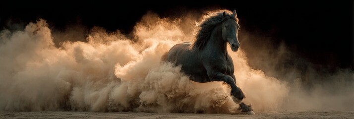 Black stallion galloping through thick clouds of golden dust with mane flying and powerful motion, expressing freedom, energy, and dramatic force against a dark contrasting backdrop in dynamic scene
