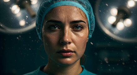 Tired female surgeon with sweat on face in medical cap, looking confidently at camera in operating room illuminated by bright surgical lights showcasing professionalism and dedication to healthcare