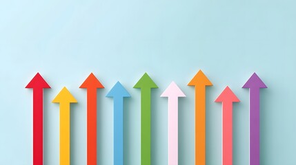 Multiple vibrant arrows ascend from a common base on a pale blue backdrop representing concepts of increase success and forward momentum