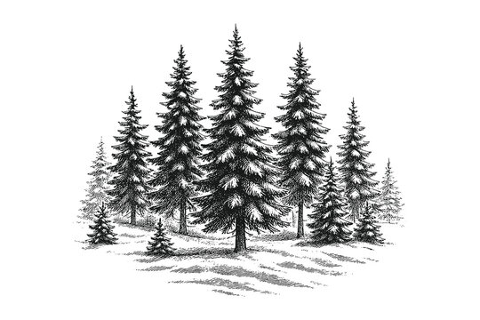 Scenic pine tree forest vector illustration in detailed black-and-white engraving style, ideal for nature themes, outdoor concepts, landscape designs, and vintage-inspired graphic projects.