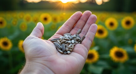 Hand holding sunflower seeds in a field of sunflowers at sunset