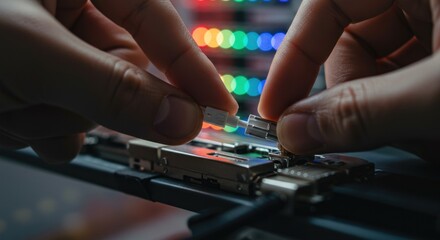 Hands connect a fiber optic cable to a server port