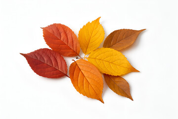 Fototapeta premium Collection of colorful autumn leaves in red orange and yellow tones arranged in a cluster isolated on white background 