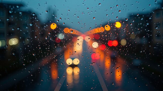 A dreamy abstract city lights view seen through a rain-covered window at night with raindrops.