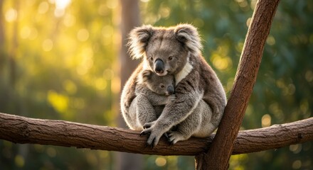 Mother and baby koalas embracing on a tree branch in soft sunlight
