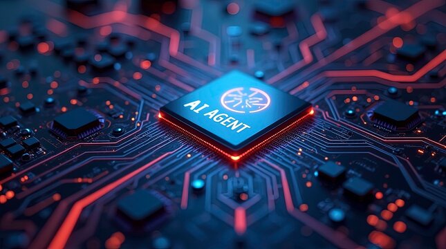 AI agent of a futuristic motherboard illuminated with neon lights with circuit board, electronic components, data pathways glowing with vibrant energy, and reflections