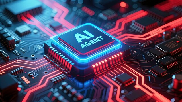 AI agent of a futuristic motherboard illuminated with neon lights with circuit board, electronic components, data pathways glowing with vibrant energy, and reflections - Powered by Adobe