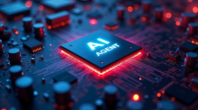 AI agent of a futuristic motherboard illuminated with neon lights with circuit board, electronic components, data pathways glowing with vibrant energy, and reflections - Powered by Adobe