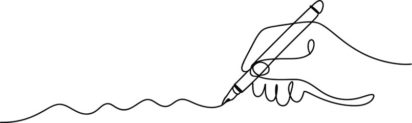 Fototapeta premium Smooth continuous line drawing of a hand holding a pen and creating a wavy mark, an elegant illustration representing artistic expression, writing, or creative thought