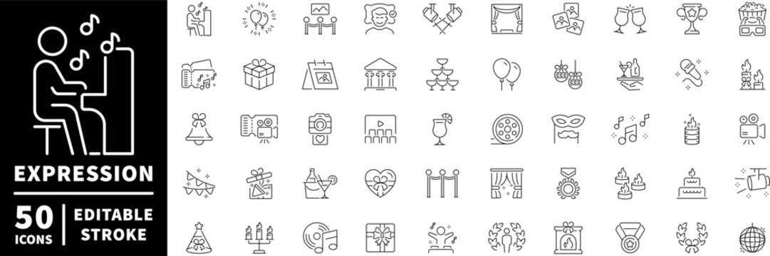 Expression editable line icons set. linear, outline, celebration and art symbols