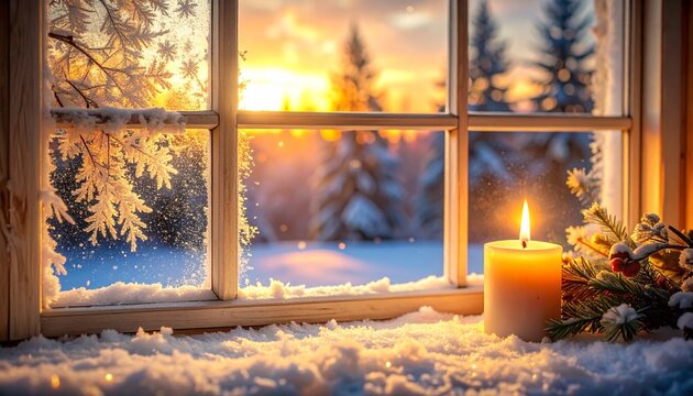 Close-up of three white candles glowing warmly on a wooden windowsill covered in snow and frost, symbolizing the light of St. Lucia Day.