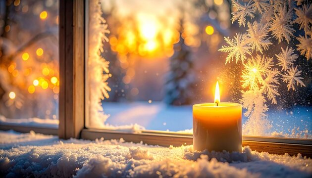 Winter window scene with burning candles and natural frost patterns, providing a warm, inviting atmosphere for St. Lucia Day or seasonal design. - Powered by Adobe