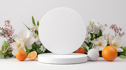 A clean white pedestal displays oranges, a sliced orange, a white sphere, and a floral arrangement with white and pink blossoms against a soft white background,