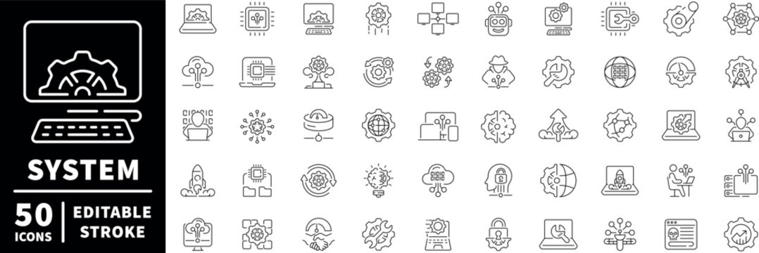 System administration icons set: editable line icons, linear, tech and it symbols