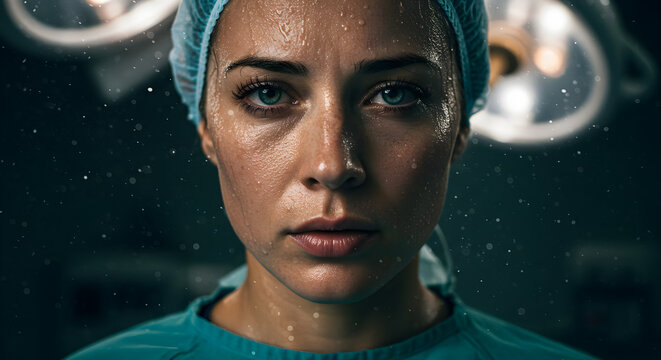 Tired female surgeon with sweat on face in medical cap, looking confidently at camera in operating room illuminated by bright surgical lights showcasing professionalism and dedication to healthcare