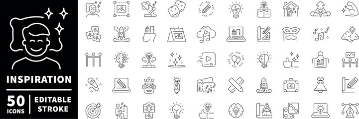Inspiration icons set. editable line icons, outline, creativity and design tools