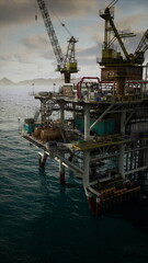 An aging oil rig stands tall amidst the vast ocean, extracting resources from beneath the seabed.