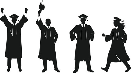 An inspiring and celebratory set of black silhouette illustrations for joyful graduates in caps and gowns, on a white background