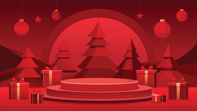 Festive Christmas tree with ornaments, positioned in front of a bold red background, symbolizing holiday cheer..eps