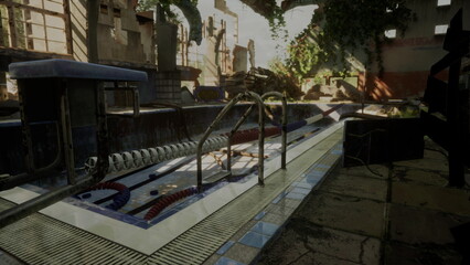 A large swimming pool in a dirty building