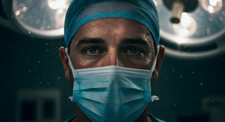 Tired surgeon doctor with sweat on face in mask and cap, looking confidently at camera in operating room illuminated by bright surgical lights showcasing professionalism and dedication to healthcare