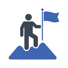 Victorious person standing on a mountaintop holding a flag icon