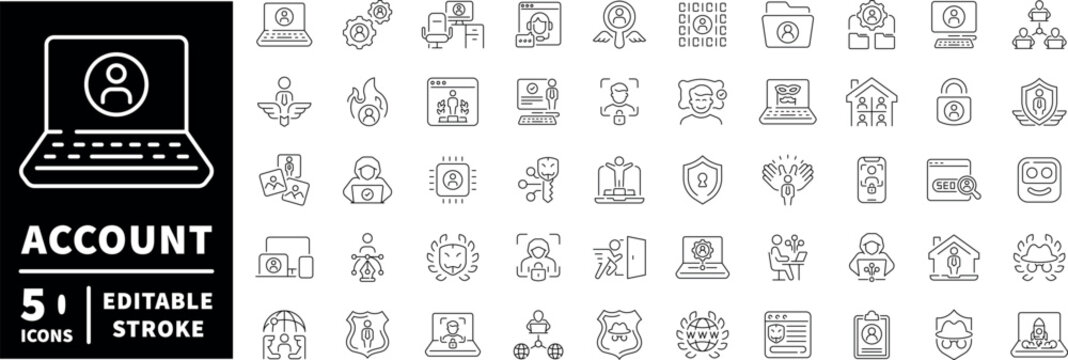 Account icons set: editable line icons. outline, user, profile management graphics