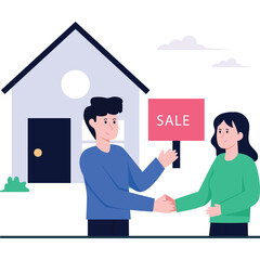 Couple Shaking Hands Outside House With Sale Sign Real Estate Transaction Happy New Homeowners Buying Property Professional Agent Assisting Caucasian People Casual Outfits Blue And Green Sweaters
