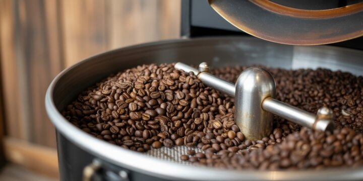 Coffee Beans Roasting: An overhead shot captures the process of roasting coffee beans, showcasing the rich, aromatic transformation from raw beans to a delectable, deep brown hue, ready to be brewed.
