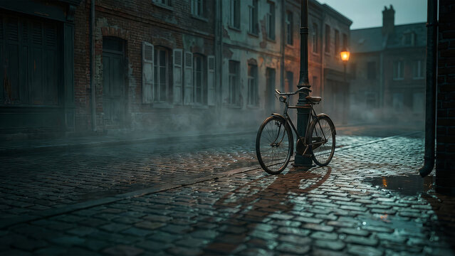 Rain-Soaked Dawn Street with Bicycle and Fog