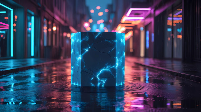 Cracked Energy Cube in a Neon-Lit Urban Alley – Futuristic and Dynamic Scene with Glowing Elements
