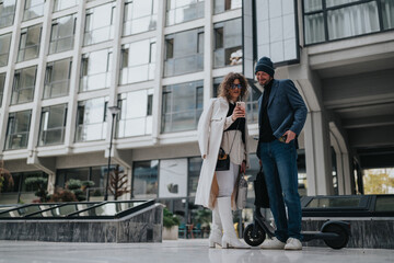 Two friends in stylish outfits pause on a city plaza to review something on a smartphone.