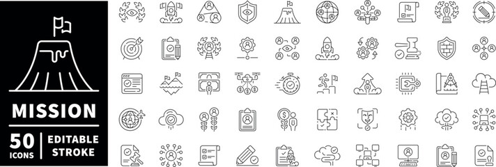 Mission line icons set. Thin line icons collection related to mission. Outline icons pack. Mission, Vision, Core Focus, Core Value, Research, Values, Excellence, Ideas, Goal illustration.