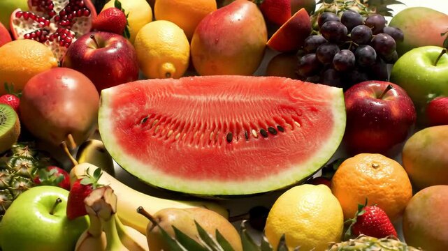 A vibrant assortment of fresh fruits, vegetables, nuts, and seeds laid out on a dark slate background, representing a healthy diet and wellness