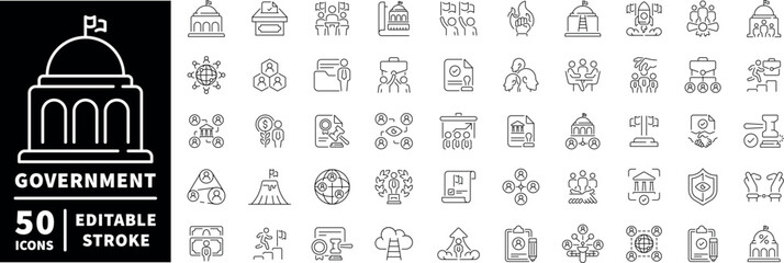 Government icons set. editable line icons with outline civic and agency symbols