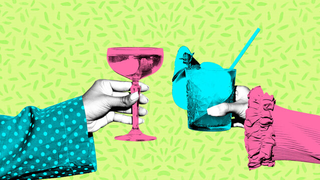 Bold composition of two hands clinking festive drinks. Concept of New Year drink branding, bar marketing visuals, celebration promo layouts, cocktail menu design, festive advertising.